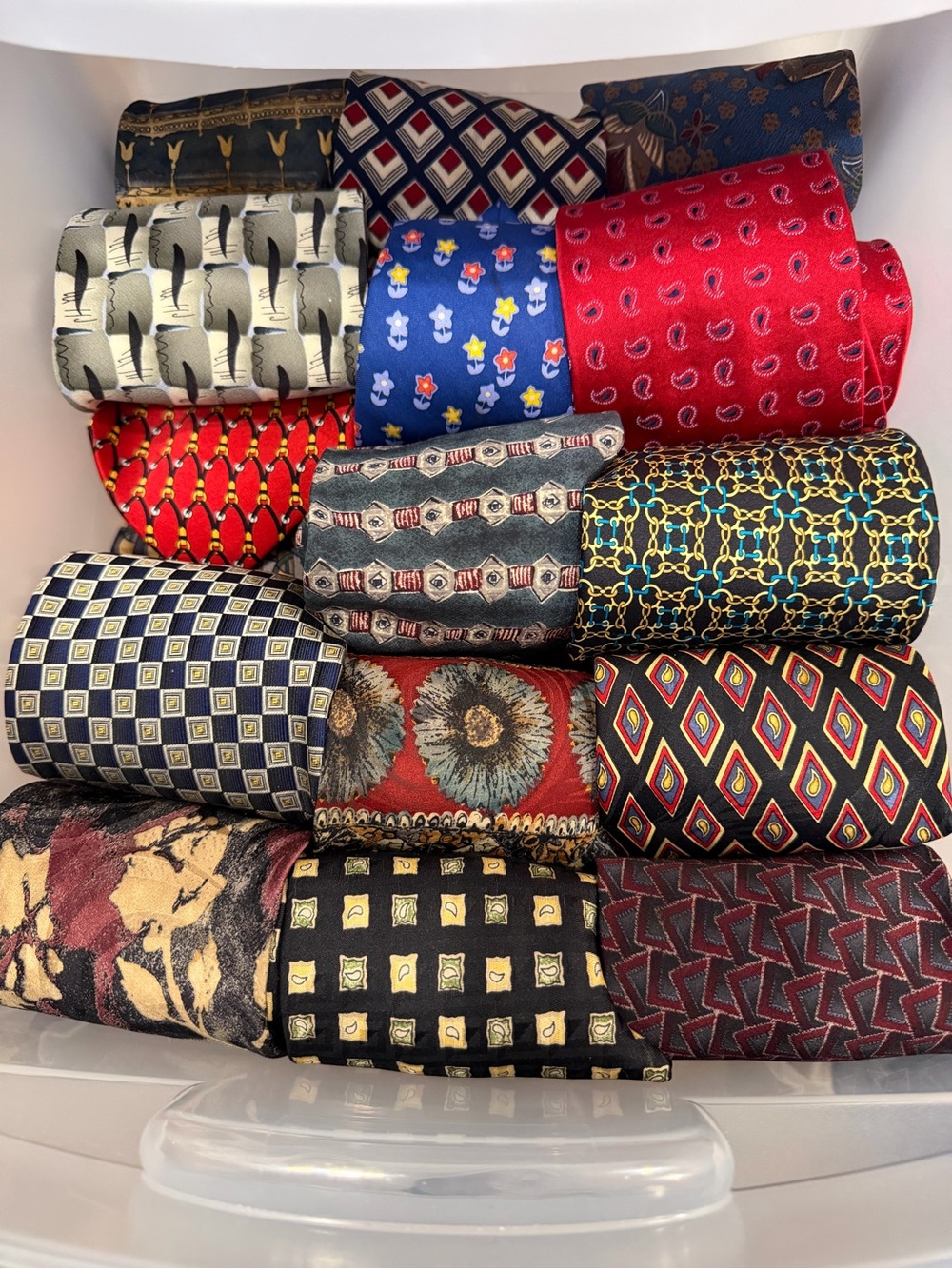 27 Assorted Men's Patterned Silk Ties - Red, Blue, Black, Gold, Navy